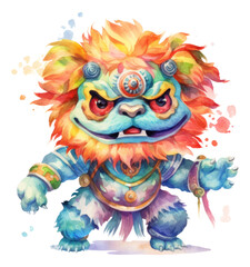 Traditional Chinese new year lion dance watercolor cartoon illustration.