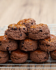 Chocolate scone with clotted cream and homemade raspberry jam