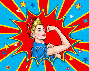 We Can Do It. Girl power advertising poster. Pop art woman showing her biceps.  - 607296246