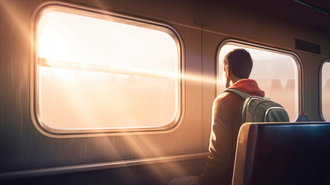 young man traveling on the train looking from the window. Tourist travel concept. generative ai