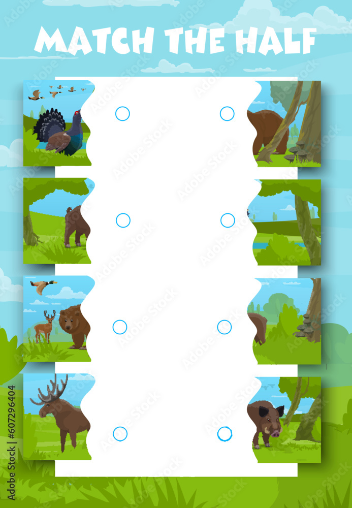 Poster match the half of forest hunting animals. piece connect game, figure fragment search vector quiz or 