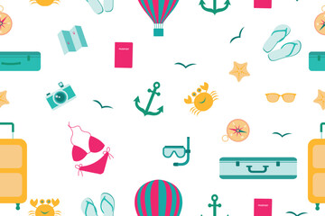Summer seamless pattern. Accessories for sea holidays. Suitable for printing, textiles, backgrounds, wallpaper, wrapping paper, packaging. 