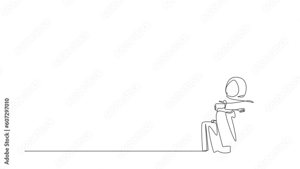Poster animated self drawing of continuous line draw arab businesswoman suffer emotion melancholy with brie