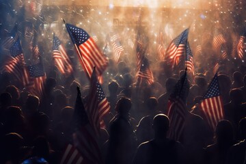 Image of crowd with American flags on fourth of july - obrazy, fototapety, plakaty