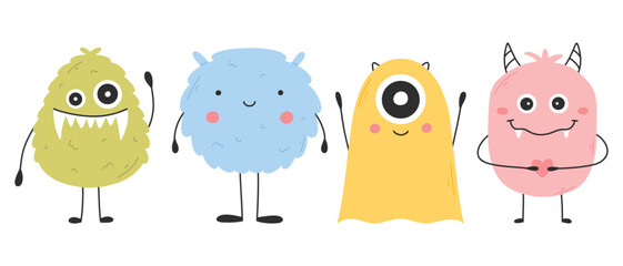 Set with cute monsters in flat style. Hand drawn kids monsters. vector illustration. Isolated mascot.