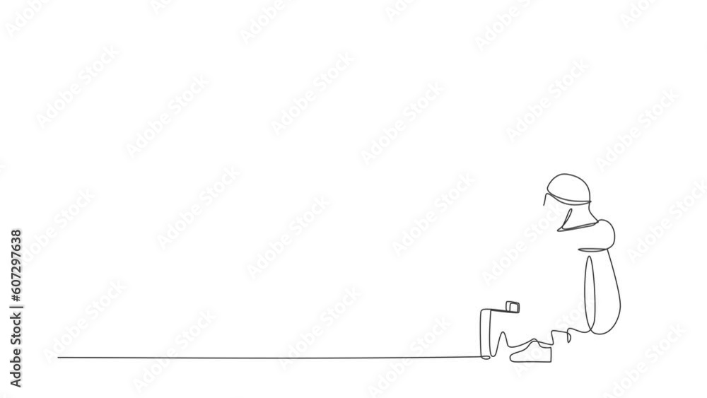 Poster self drawing animation of single one line draw arabian businessman suffer emotion stress with briefc