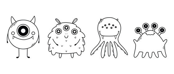 Obraz premium Set with cute monsters in doodle style. Linear children's monsters. Coloring book for children. vector illustration. Isolated mascot.
