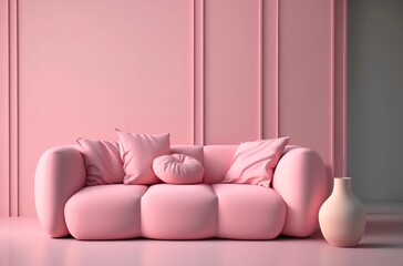 Simple modern interior, pink sofa with pillows. Generative AI.