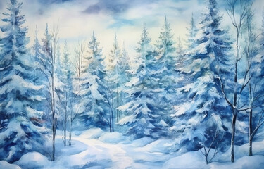 Fototapeta premium Winter forest watercolor painting depicting a serene winter landscape, creating a Christmas background