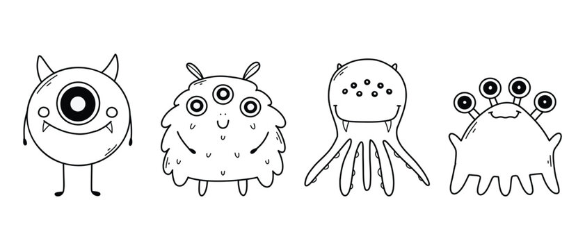 Set with cute monsters in doodle style. Linear children's monsters. Coloring book for children. vector illustration. Isolated mascot.