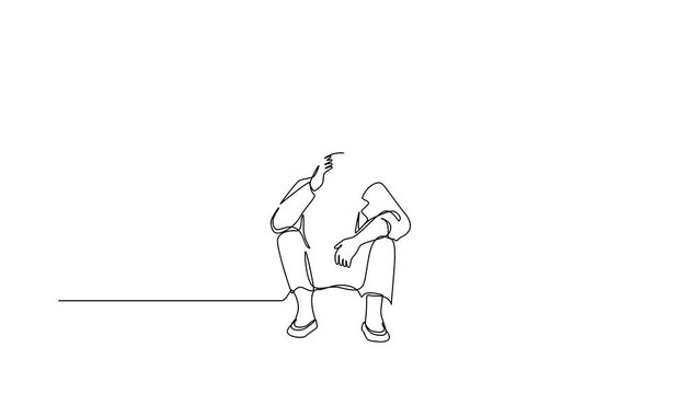 Self drawing animation of single one line draw businesswoman feeling sad, holding head, and sitting on the floor. Frustrated worker mental health problems. Continuous line draw. Full length animated
