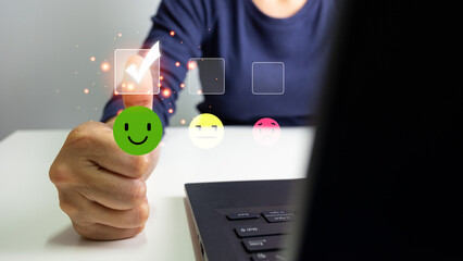 Customer satisfaction concept, choose rating, giving the highest score, very happy and satisfied with excellent service, feedback from guest.