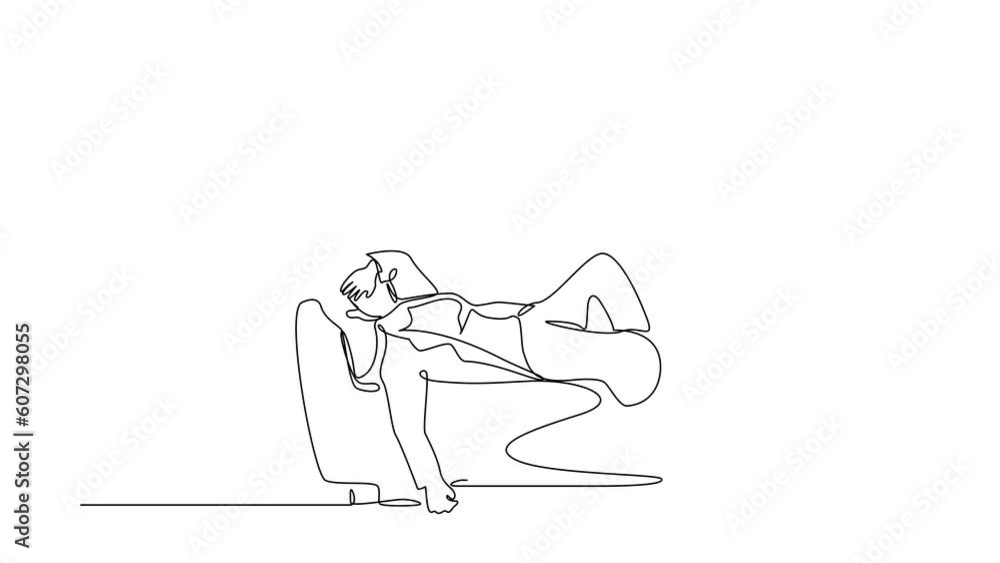 Poster animated self drawing of continuous line draw businessman sad tired mood resting on sofa. frustrated