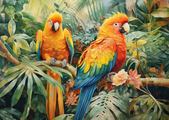 Two parrots sitting on a branch of a palm tree Painting Generative AI