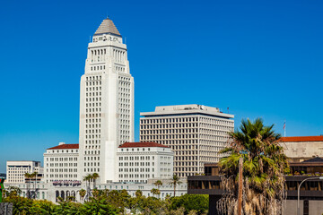 Los Angeles historic city hall under blue sky