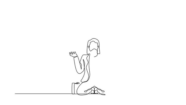 Animated self drawing of continuous one line draw businesswoman despair suffer grief. Manager sad gesture. Professional burnout syndrome. Depression disorder, sorrow. Full length single line animation