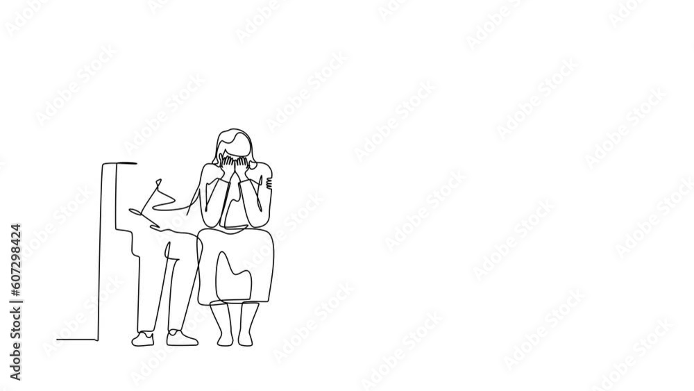 Poster animated self drawing of continuous one line draw caring man sitting on sofa, hugging shoulder of wo