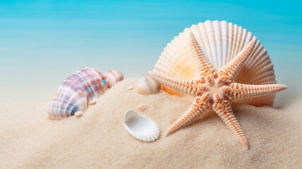 Fototapeta na wymiar Seashell starfish and beach sand on blue background. Generative AI