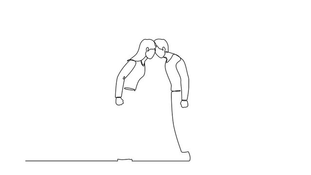 Animated self drawing of continuous line draw couple man woman scream at each other engaged in family fight. Stubborn angry husband wife yell shout, argue quarrel. Full length single line animation