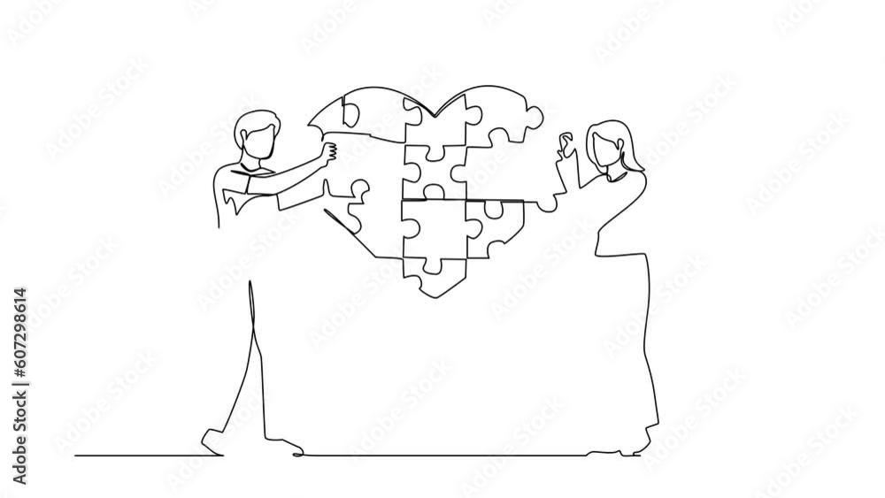 Poster self drawing animation of single line draw loving couple standing and forming huge heart puzzle from