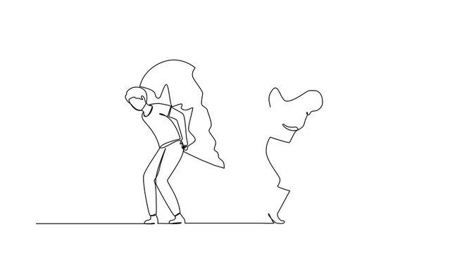 Self drawing animation of single line draw broken heart carried by man woman. Divorce heartache. Family conflict. Break up relationship. Married couple sad. Continuous line draw. Full length animated