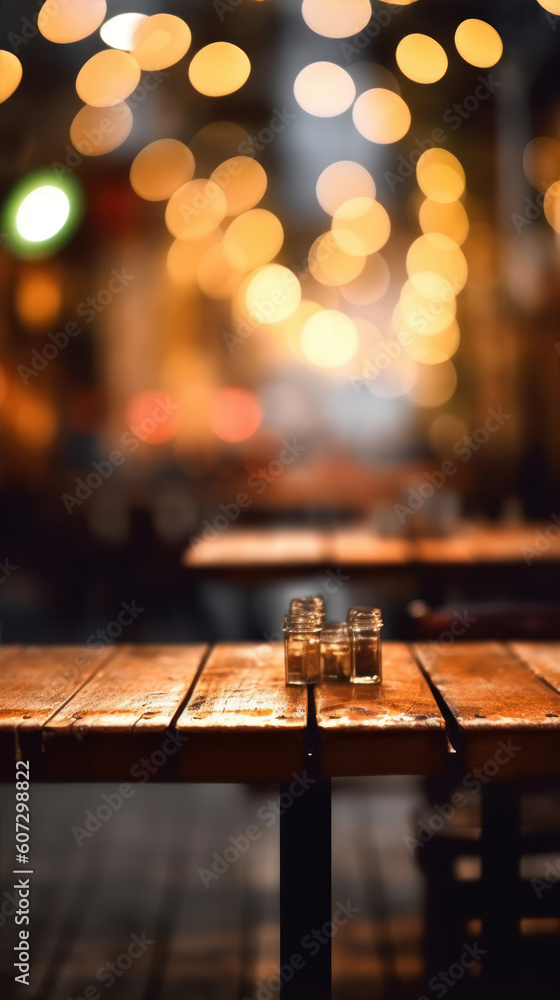 Poster empty wooden table in a pub with bokeh lights in the background generative ai
