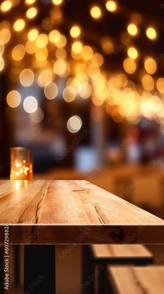 Poster empty wooden table in front of blurred restaurant background. for product display generative ai