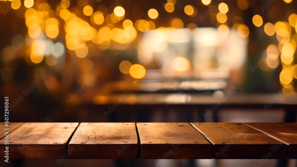 Poster empty wooden table in a pub with bokeh lights in the background generative ai