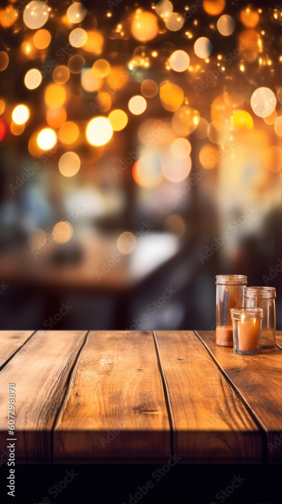 Poster empty wooden table in front of blurred background with bokeh lights generative ai