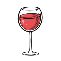 Red wine in glass. Hand drawn line art colorful cartoon style vector illustration.