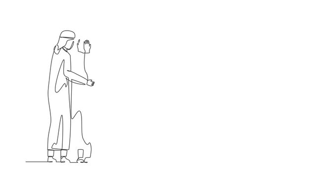 Animated self drawing of continuous line draw Arabian man comforting her crying best friend. Depressed woman covering face, her husband consoling, care about her. Help. Full length one line animation