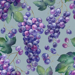 Seamless pattern with grapes hand-drawn painted in watercolor style. The seamless pattern can be used on a variety of surfaces, wallpaper, textiles or packaging
