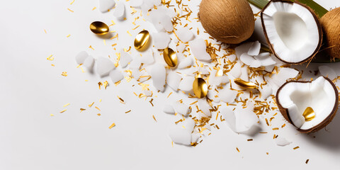 Coconut composition.Background for cosmetic, spa, resort template.Summer concept. Tropical mockup for covers, sale baner. Flat lay, top view. Generative ai