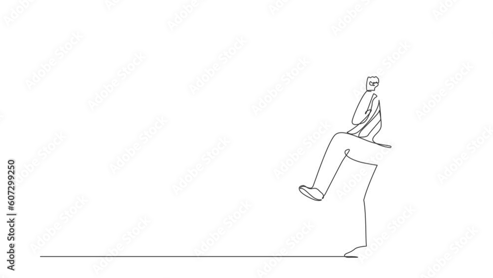 Poster animated self drawing of continuous one line draw businessman standing with fold one leg, do yes ges