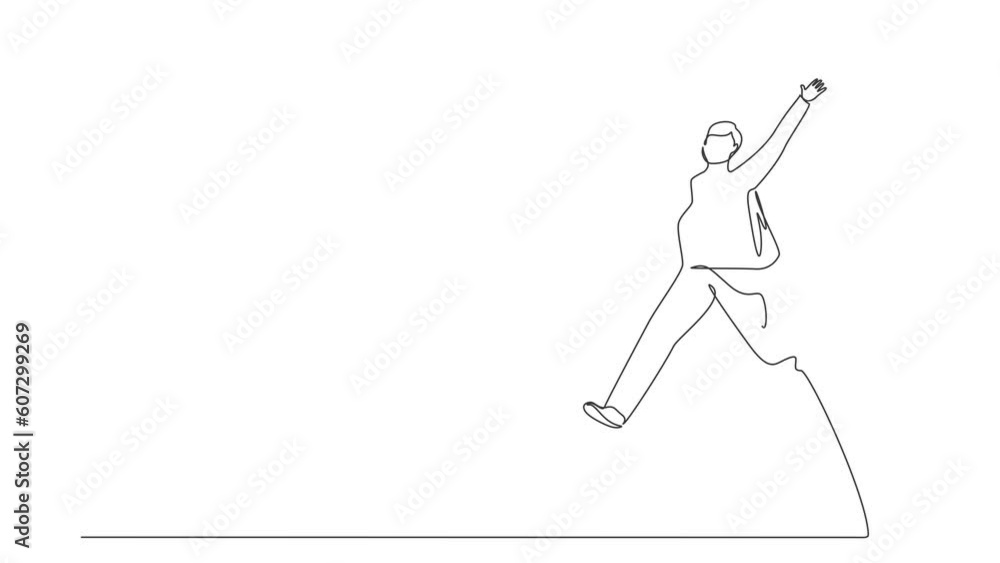 Aufkleber animated self drawing of continuous line draw happy businessman jump with both hands raised. salesma