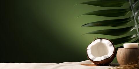  Coconut background.Cosmetic, spa, resort template. Empty room with coconut, tropical leaf.Summer concept .Vacation.mockup for covers,sale baner, cosmetic ads.Product presentation scene. Generative Ai