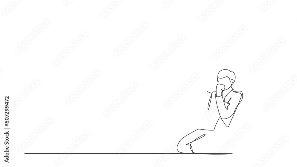 Aufkleber animated self drawing of continuous line draw happy businessman kneeling with gesture of both hands 