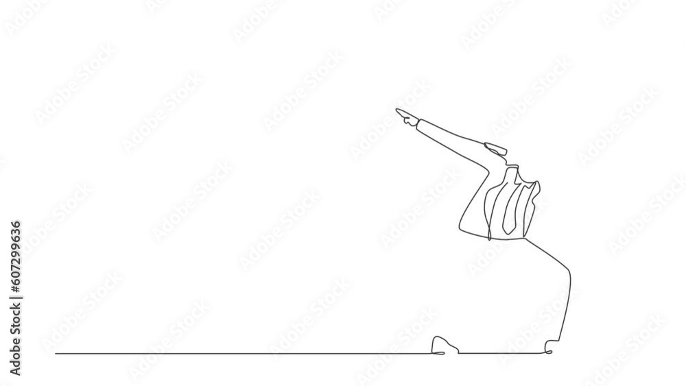 Poster animated self drawing of single continuous line draw happy businessman standing with crossing arms a