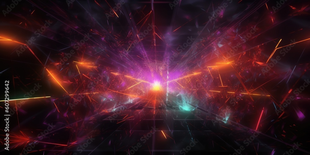 Poster cosmic background with colorful laser lights and broken fractal elements. generative ai aig21.