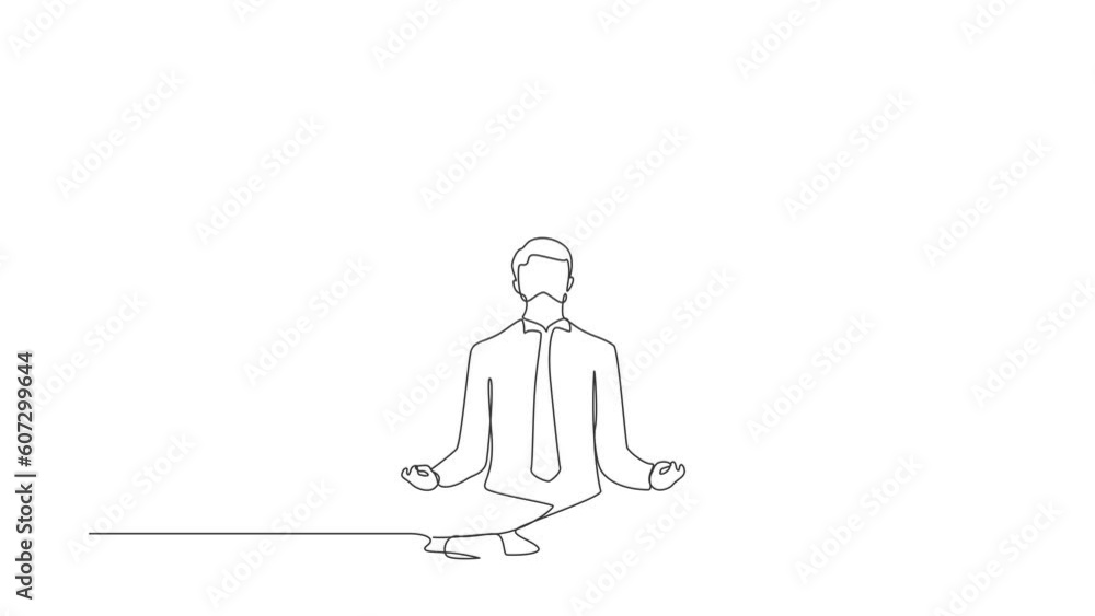 Poster animated self drawing of single continuous line draw businessman doing yoga. office worker sitting i