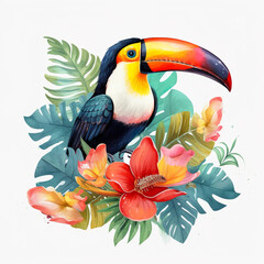 Fototapeta premium Toucan with tropical flowers on white background Watercolor illustration Generative AI