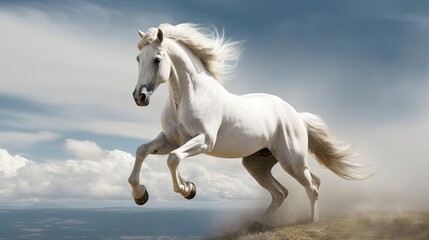 Obraz na płótnie Canvas a white horse running on a hill