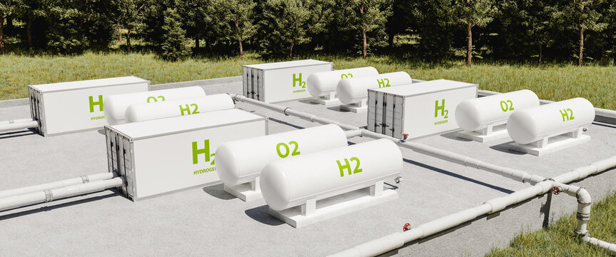 Hydrogen tanks in facility. 3D render.
