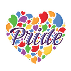 Pride text in heart shape with colorful hearts and dot texture vector design