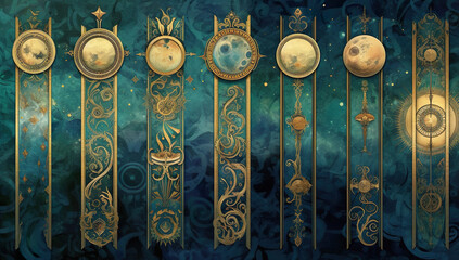 Illustration of a fantasy background with gold frames and ornaments Generative AI