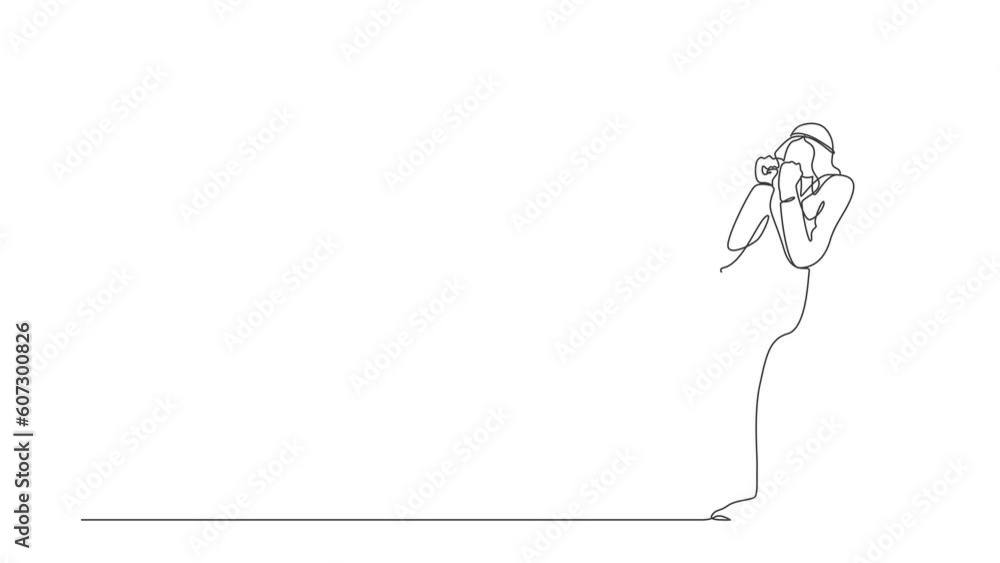 Poster animated self drawing of continuous line draw businessman standing with fold one leg, do yes gesture
