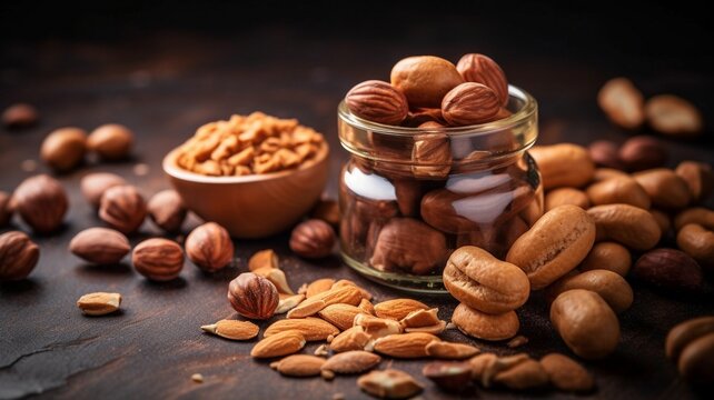 Peanut butter jar and heap of nuts on vintage background Generative AI