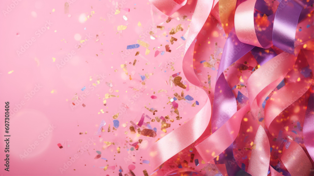 Poster colorful confetti and ribbons on a pink background with copy space generative ai