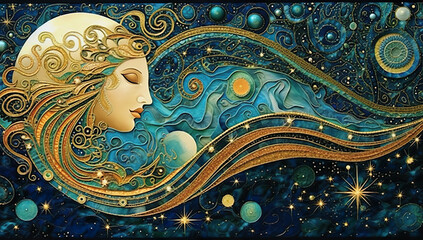 Illustration of a beautiful woman on the background of the universe Generative AI