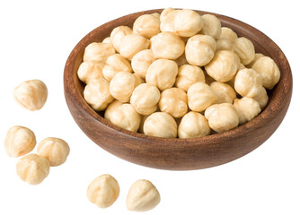 Hazelnuts in the wooden bowl, isolated on the white background.